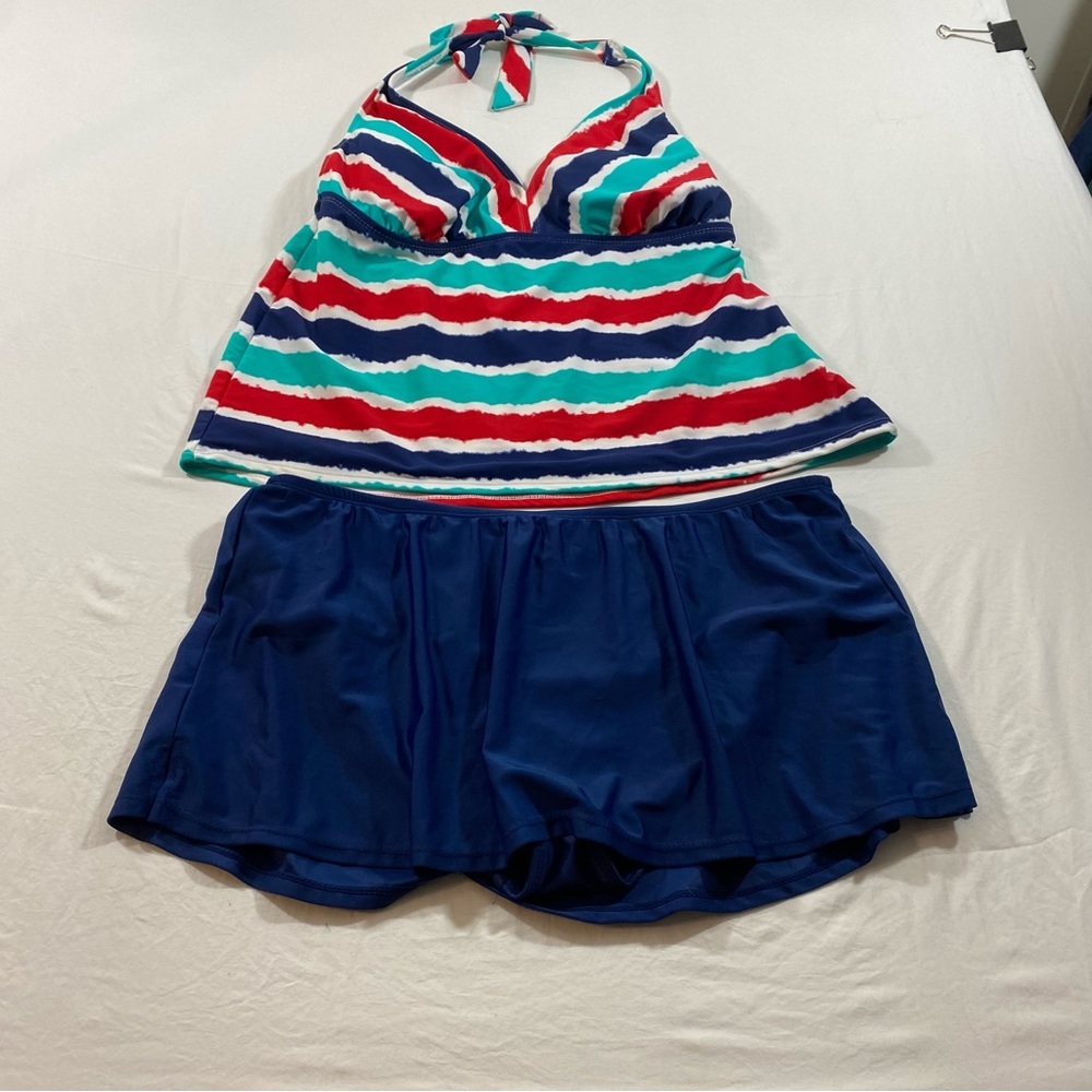 Catalina 2-piece Tankini Swimsuit Womanโs 1X-2X Halter Top Skirt Striped blue